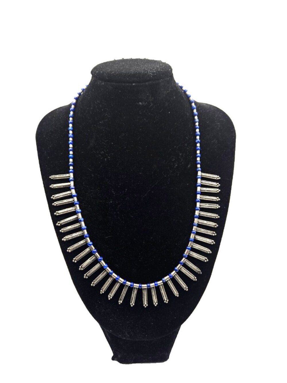 Vintage Sterling Silver 925 Blue Bead Fringe Statement Necklace Artisan 24g